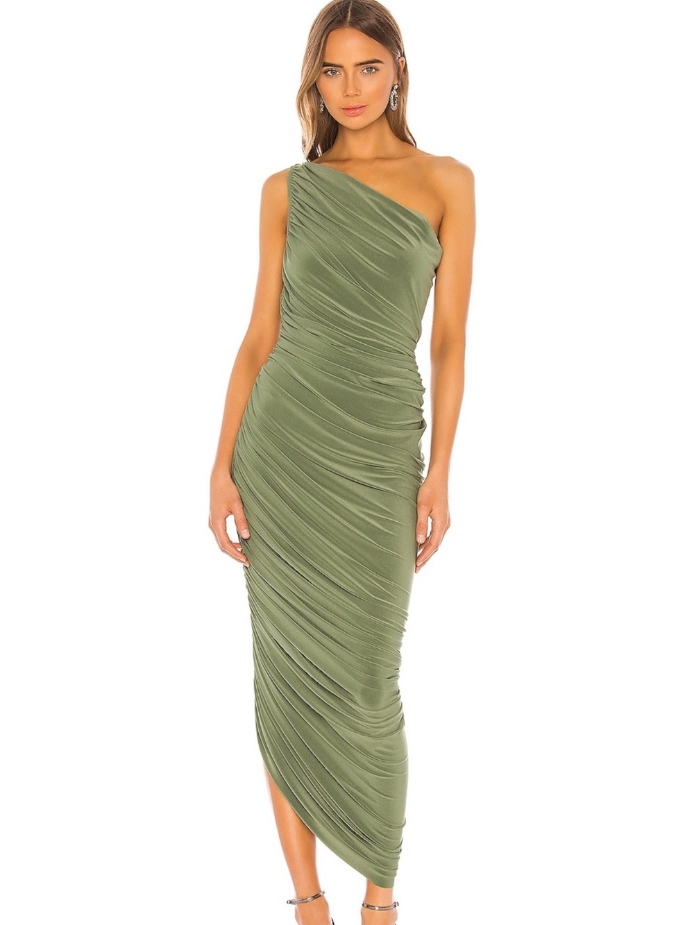 Norma Kamali One-Shoulder Olive Green Ruched Asymmetric Midi Dress